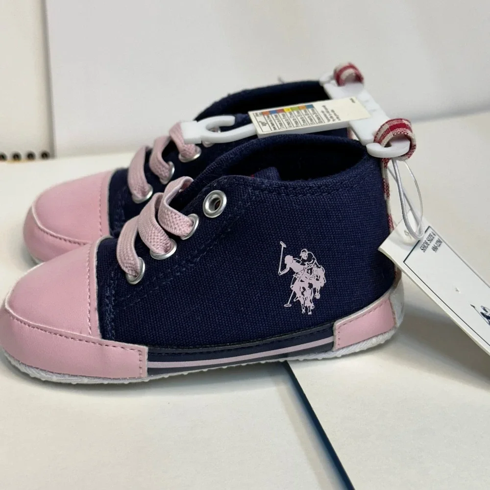 U.S. Polo Assn. Sneakers Girls 4 9M-12M Navy Pink Gingham Excellent